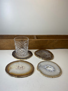 Set of 4 Natural polished Agate Slice drink coasters with Gold Electroplating around the edges 16