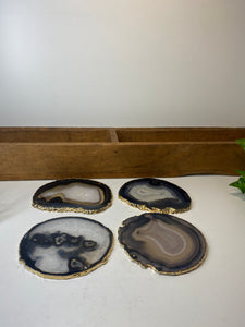 Set of 4 Natural polished Agate Slice drink coasters with Gold Electroplating around the edges 18