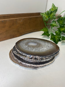 Set of 4 Natural polished Agate Slice drink coasters with Silver Electroplating around the edges 01