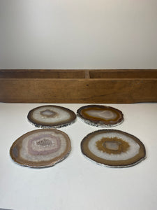 Set of 4 Natural polished Agate Slice drink coasters with Silver Electroplating around the edges 01
