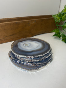 Set of 4 Natural polished Agate Slice drink coasters with Silver Electroplating around the edges 02