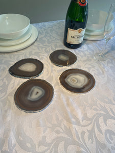 Set of 4 Natural polished Agate Slice drink coasters with Silver Electroplating around the edges 02