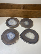 Load image into Gallery viewer, Set of 4 Natural polished Agate Slice drink coasters with Silver Electroplating around the edges 02