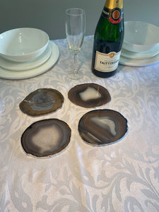 Set of 4 Natural polished Agate Slice drink coasters with Silver Electroplating around the edges 03