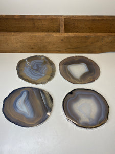 Set of 4 Natural polished Agate Slice drink coasters with Silver Electroplating around the edges 03