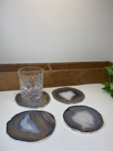 Set of 4 Natural polished Agate Slice drink coasters with Silver Electroplating around the edges 03