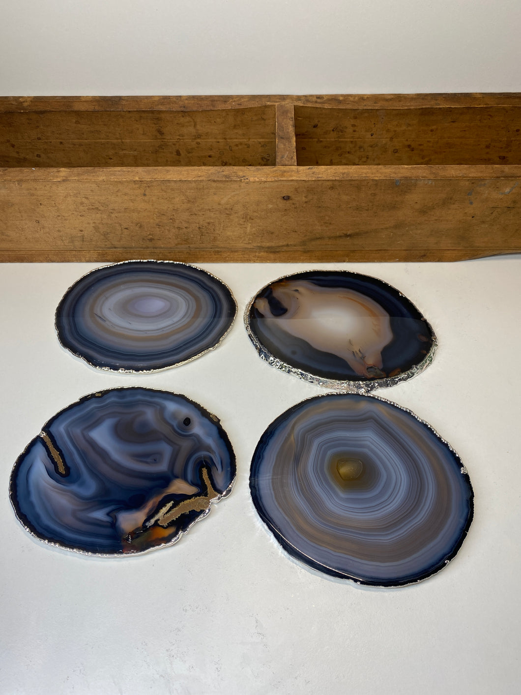 Set of 4 Natural polished Agate Slice drink coasters with Silver Electroplating around the edges 04