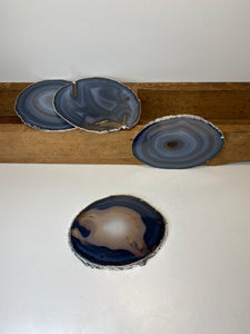 Set of 4 Natural polished Agate Slice drink coasters with Silver Electroplating around the edges 04