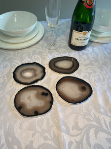 Set of 4 Natural polished Agate Slice drink coasters with Silver Electroplating around the edges