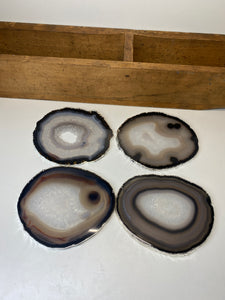 Set of 4 Natural polished Agate Slice drink coasters with Silver Electroplating around the edges 05