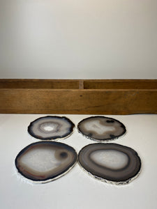 Set of 4 Natural polished Agate Slice drink coasters with Silver Electroplating around the edges 05