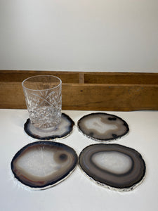 Set of 4 Natural polished Agate Slice drink coasters with Silver Electroplating around the edges 05