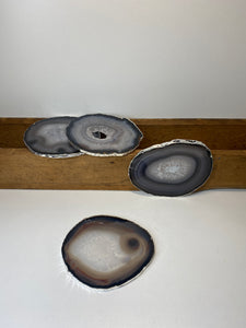 Set of 4 Natural polished Agate Slice drink coasters with Silver Electroplating around the edges 05