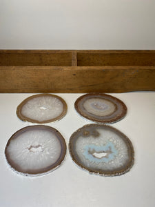 Set of 4 Natural polished Agate Slice drink coasters with Silver Electroplating around the edges 06