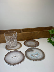 Set of 4 Natural polished Agate Slice drink coasters with Silver Electroplating around the edges 06