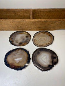 Set of 4 Natural polished Agate Slice drink coasters with Silver Electroplating around the edges 07