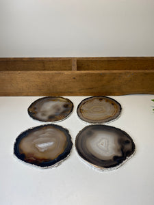 Set of 4 Natural polished Agate Slice drink coasters with Silver Electroplating around the edges 07