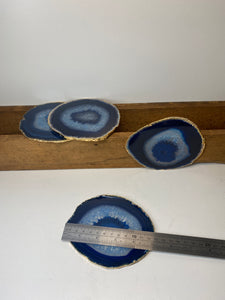 Set of 4 blue polished Agate Slice drink coasters with Gold Electroplating around the edges 02