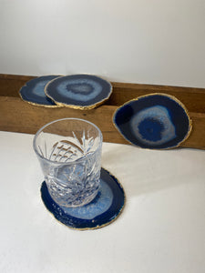 Set of 4 blue polished Agate Slice drink coasters with Gold Electroplating around the edges 02