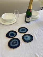 Load image into Gallery viewer, Set of 4 blue polished Agate Slice drink coasters with Gold Electroplating around the edges 02