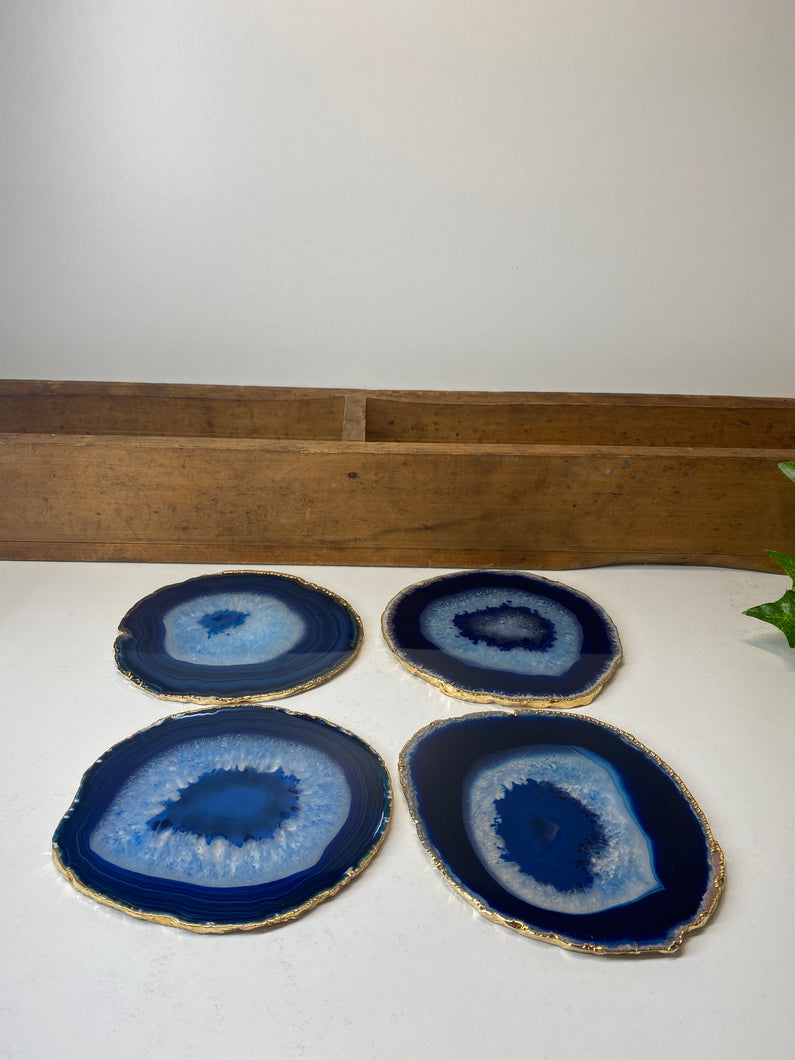 Set of 4 blue polished Agate Slice drink coasters with Gold Electroplating around the edges 02