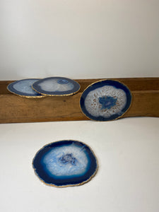 Set of 4 blue polished Agate Slice drink coasters with Gold Electroplating around the edges 03