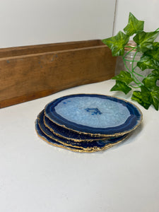 Set of 4 blue polished Agate Slice drink coasters with Gold Electroplating around the edges 03