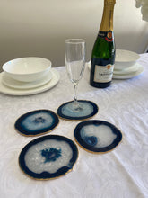 Load image into Gallery viewer, Set of 4 blue polished Agate Slice drink coasters with Gold Electroplating around the edges 03