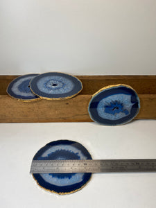 Set of 4 blue polished Agate Slice drink coasters with Gold Electroplating around the edges 04