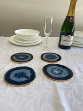 Load image into Gallery viewer, Set of 4 blue polished Agate Slice drink coasters with Gold Electroplating around the edges 04