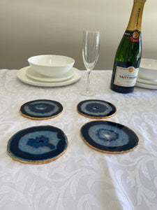 Set of 4 blue polished Agate Slice drink coasters with Gold Electroplating around the edges 04