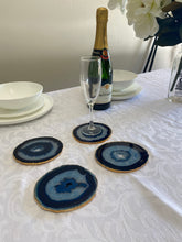 Load image into Gallery viewer, Set of 4 blue polished Agate Slice drink coasters with Gold Electroplating around the edges 04