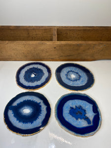 Set of 4 blue polished Agate Slice drink coasters with Gold Electroplating around the edges 04