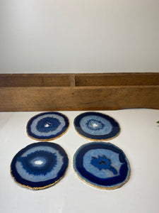 Set of 4 blue polished Agate Slice drink coasters with Gold Electroplating around the edges 04