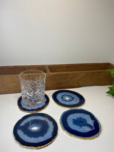 Set of 4 blue polished Agate Slice drink coasters with Gold Electroplating around the edges 04