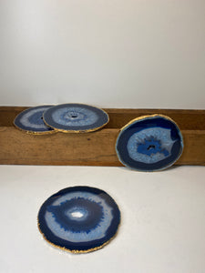 Set of 4 blue polished Agate Slice drink coasters with Gold Electroplating around the edges 04