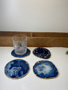 Set of 4 blue polished Agate Slice drink coasters with Gold Electroplating around the edges 05