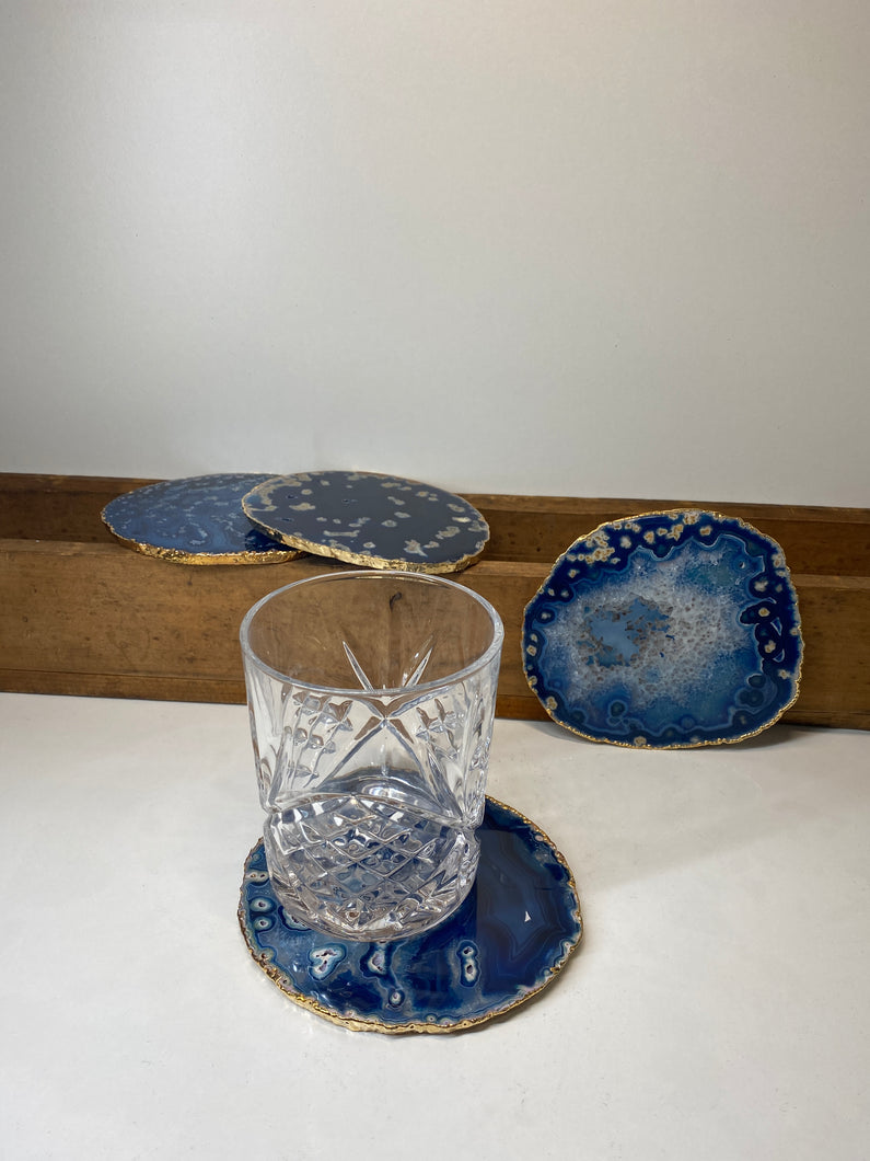 Set of 4 blue polished Agate Slice drink coasters with Gold Electroplating around the edges 05