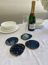 Load image into Gallery viewer, Set of 4 blue polished Agate Slice drink coasters with Gold Electroplating around the edges 05
