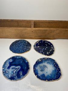 Set of 4 blue polished Agate Slice drink coasters with Gold Electroplating around the edges 05