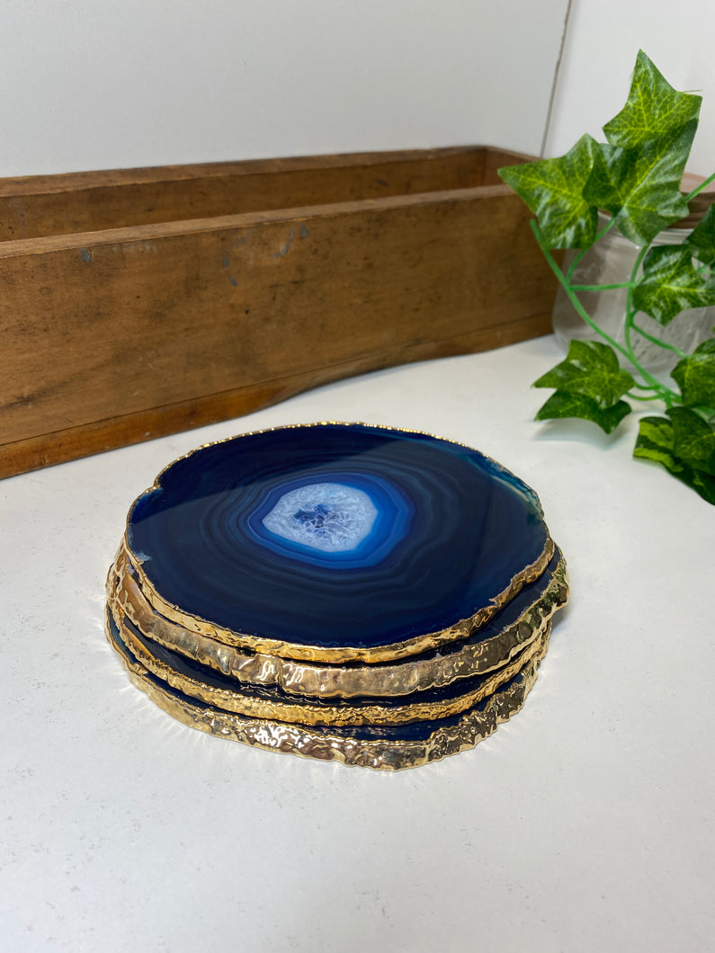 Set of 4 blue polished Agate Slice drink coasters with Gold Electroplating around the edges