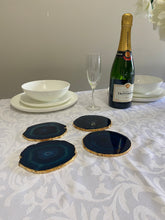 Load image into Gallery viewer, Set of 4 blue polished Agate Slice drink coasters with Gold Electroplating around the edges 07