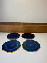 Load image into Gallery viewer, Set of 4 blue polished Agate Slice drink coasters with Gold Electroplating around the edges 07
