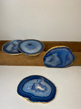 Load image into Gallery viewer, Set of 4 blue polished Agate Slice drink coasters with Gold Electroplating around the edges 08