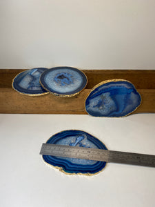 Set of 4 blue polished Agate Slice drink coasters with Gold Electroplating around the edges 08