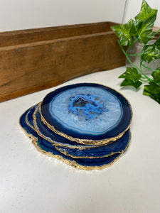 Set of 4 blue polished Agate Slice drink coasters with Gold Electroplating around the edges 08