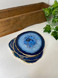 Set of 4 blue polished Agate Slice drink coasters with Gold Electroplating around the edges 08