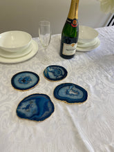 Load image into Gallery viewer, Set of 4 blue polished Agate Slice drink coasters with Gold Electroplating around the edges 08