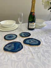 Load image into Gallery viewer, Set of 4 blue polished Agate Slice drink coasters with Gold Electroplating around the edges 08