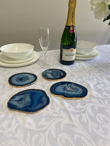 Set of 4 blue polished Agate Slice drink coasters with Gold Electroplating around the edges 08